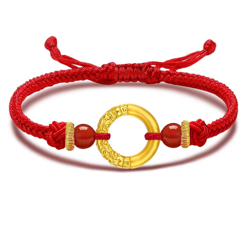 Real 24K Yellow Gold Golden Cudgel Circle Red Cord Bracelet Adjustable 6.3