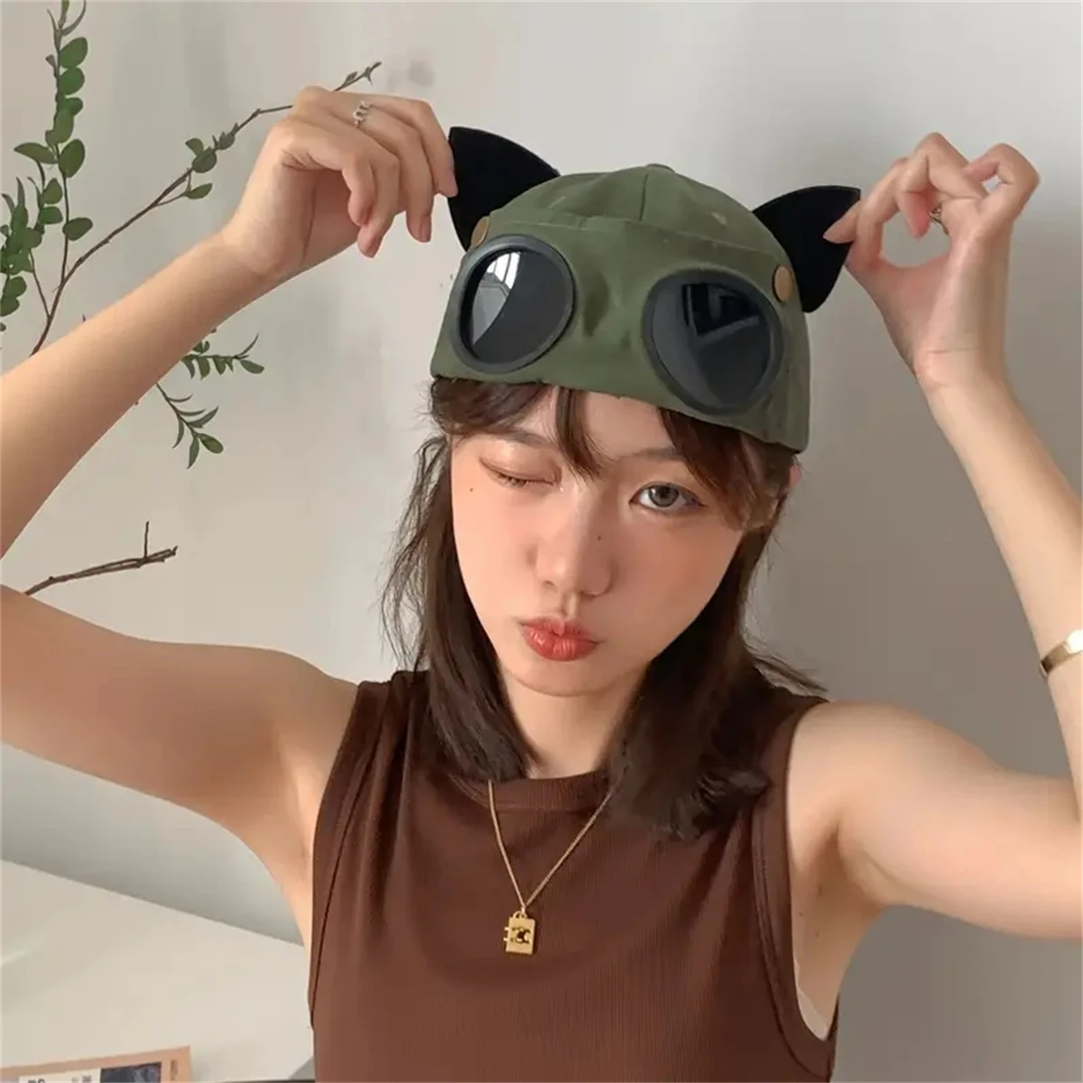 New cat-ear aviator glasses baseball cap, fashionable sun protection retro hat, wear both positive and negative