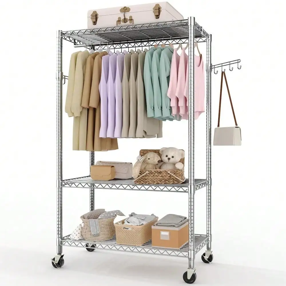 

Rolling Garment Rack,Heavy Duty Metal Clothes Rack with Rods & Adjustable Storage Shelves & Hooks,Closet Storage Clothing Rack