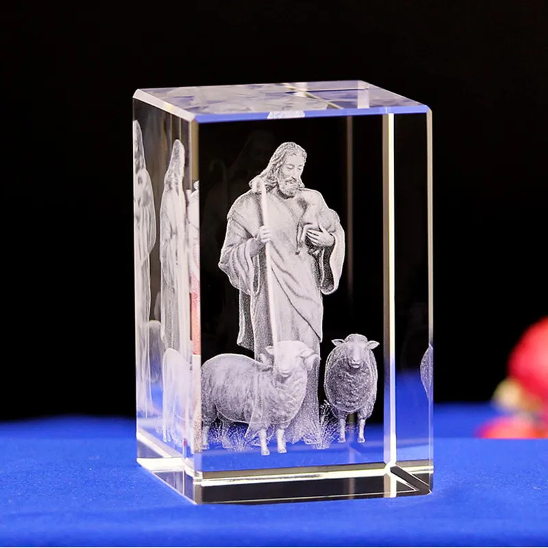 3D K9 Crystal 5x5x8cm Cube Christian Jesus Cross Figurine Home Decor Virgin Laser Engrave Crystal Religious gifts for Kids birth