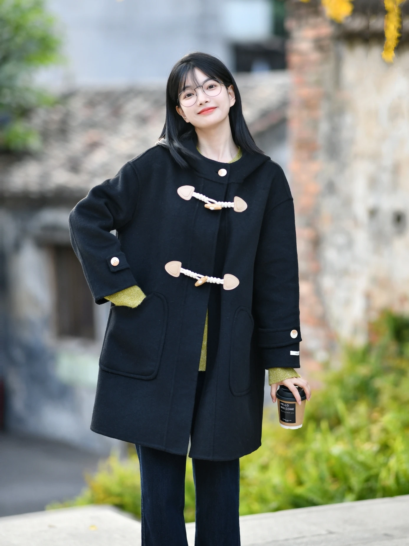 

Двустороннее шерстяное винтажное пальто с пуговицами из рога, средней длины, женская верхняя одежда, зимняя модная модель для повседневной носки