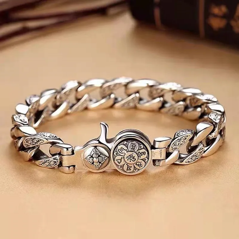 

925 Sterling Silver Bracelet Fashion Six Word Truth Rotatable Wide Version Man's aggressive atmosphere Retro Jewelry Luxury Gift