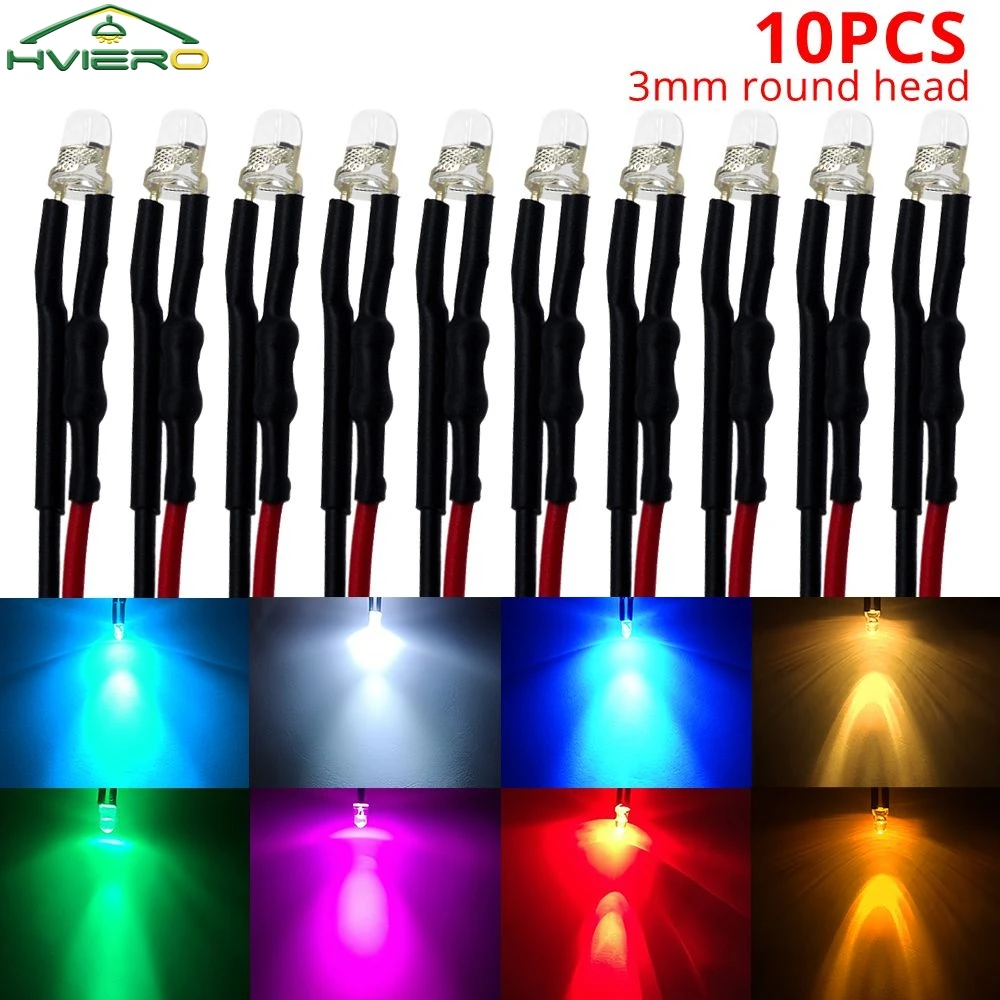 

10Pcs 3mm Round Top Light Beads Pre Wired LED Water Clear Cable 20cm White Decoration Lamping Emitting Diodes Pre-soldered Bulbs