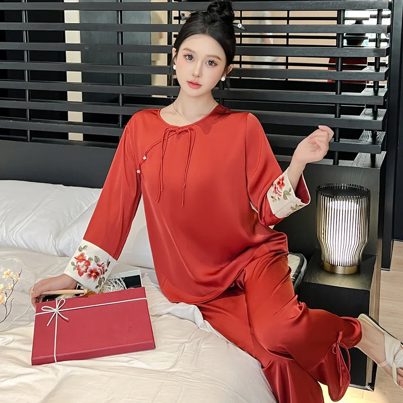 Ice Silk Chinese Style Pajamas Women\'s Spring/summer Thin Long Sleeved Pants New Ancient Solid Color  Home Wear Set Nightshirt