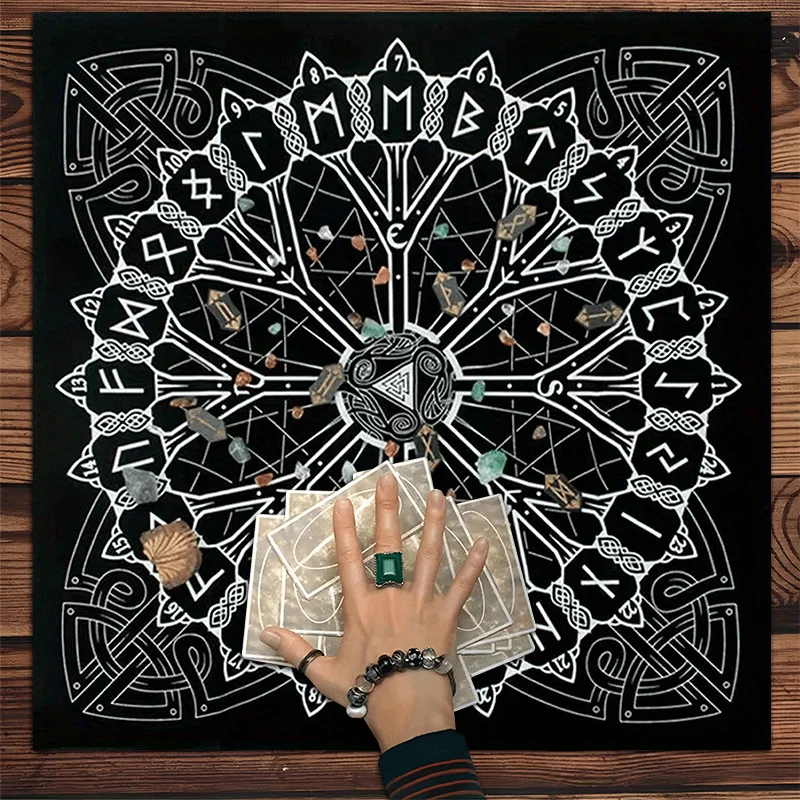 1PC Mystical Celtic Rune Tarot Cloth Riddle Symbol Synthetic Gem Print Premium Polyester Altar Cloth For Tarot Reading Meditt