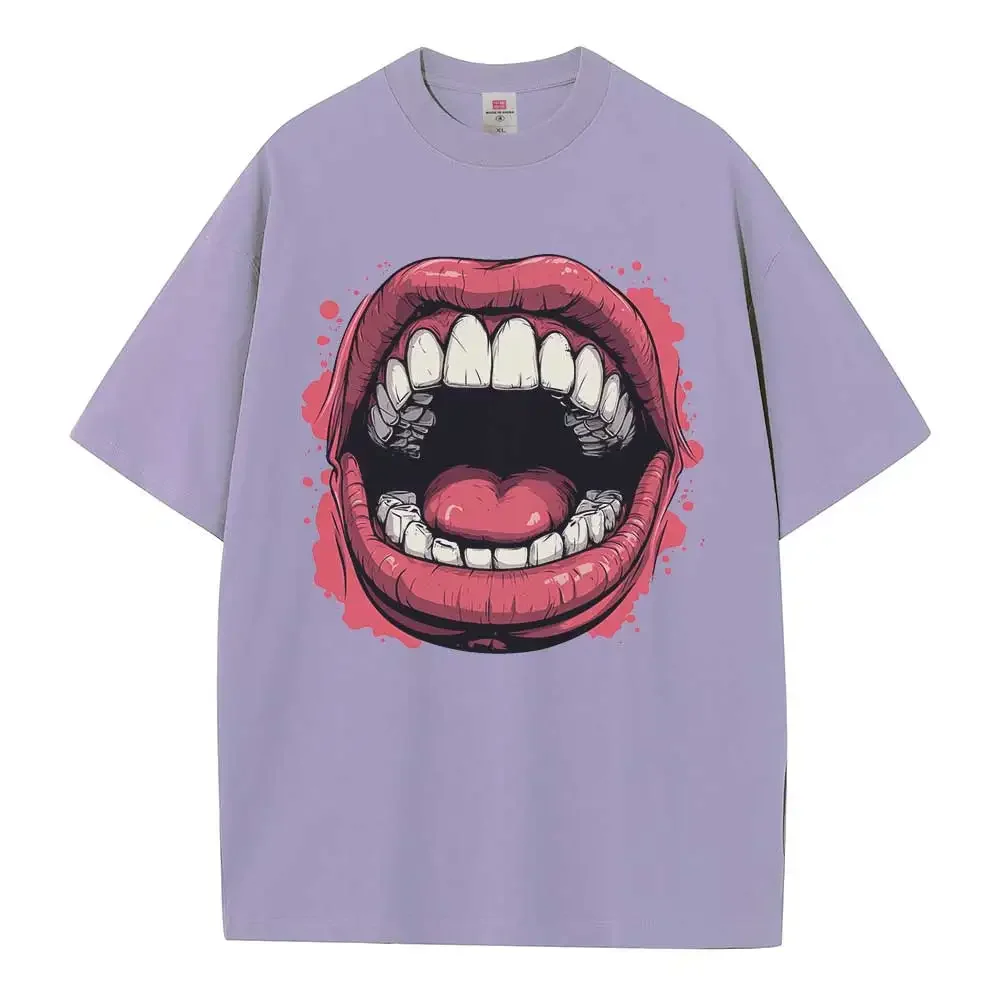 Cotton T Shirt Graphic Tees Oversized T Shirts Design Clothes Cartoon Mouth Sharp Fangs Dropped Shoulder Vintage Unisex Tops