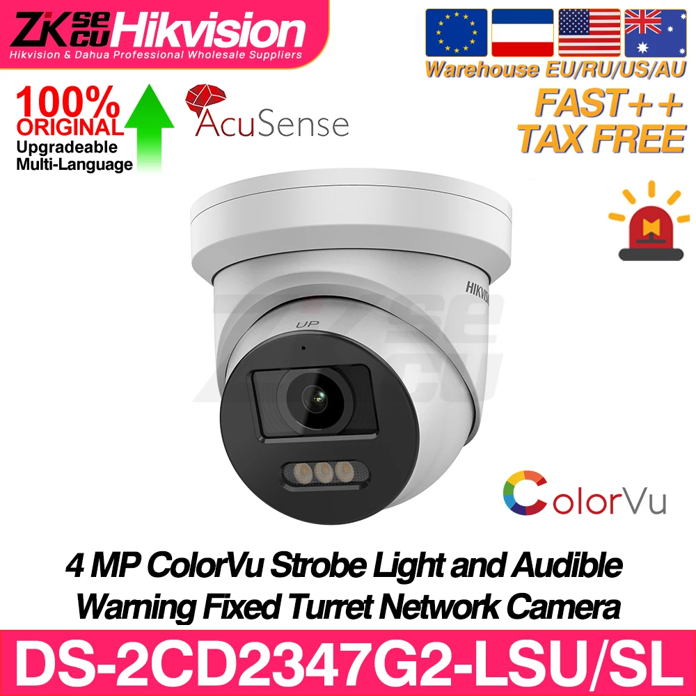 

Hikvision DS-2CD2347G2-LSU/SL 4MP ColorVu IP Camera Strobe Light Audible Warning Acusense 2-Way Audio SD Slot POE Network Camera