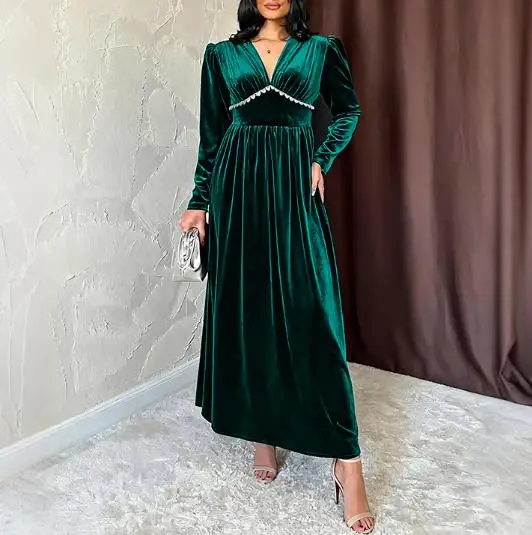 

Women's Dress Spring Retro Elegant Gorgeous Style Velvet Deep V-Neck Lace Splicing Decoration High Waist Long Sleeve Party Dress