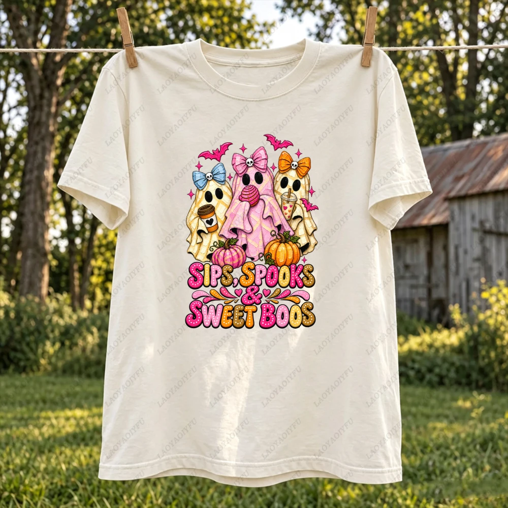Sips Spooks Sweet Boos Ghost Graphic T Shirts Women Halloween Pink Bow Coffee Cotton Short Sleeve Fall Holiday Women Clothes