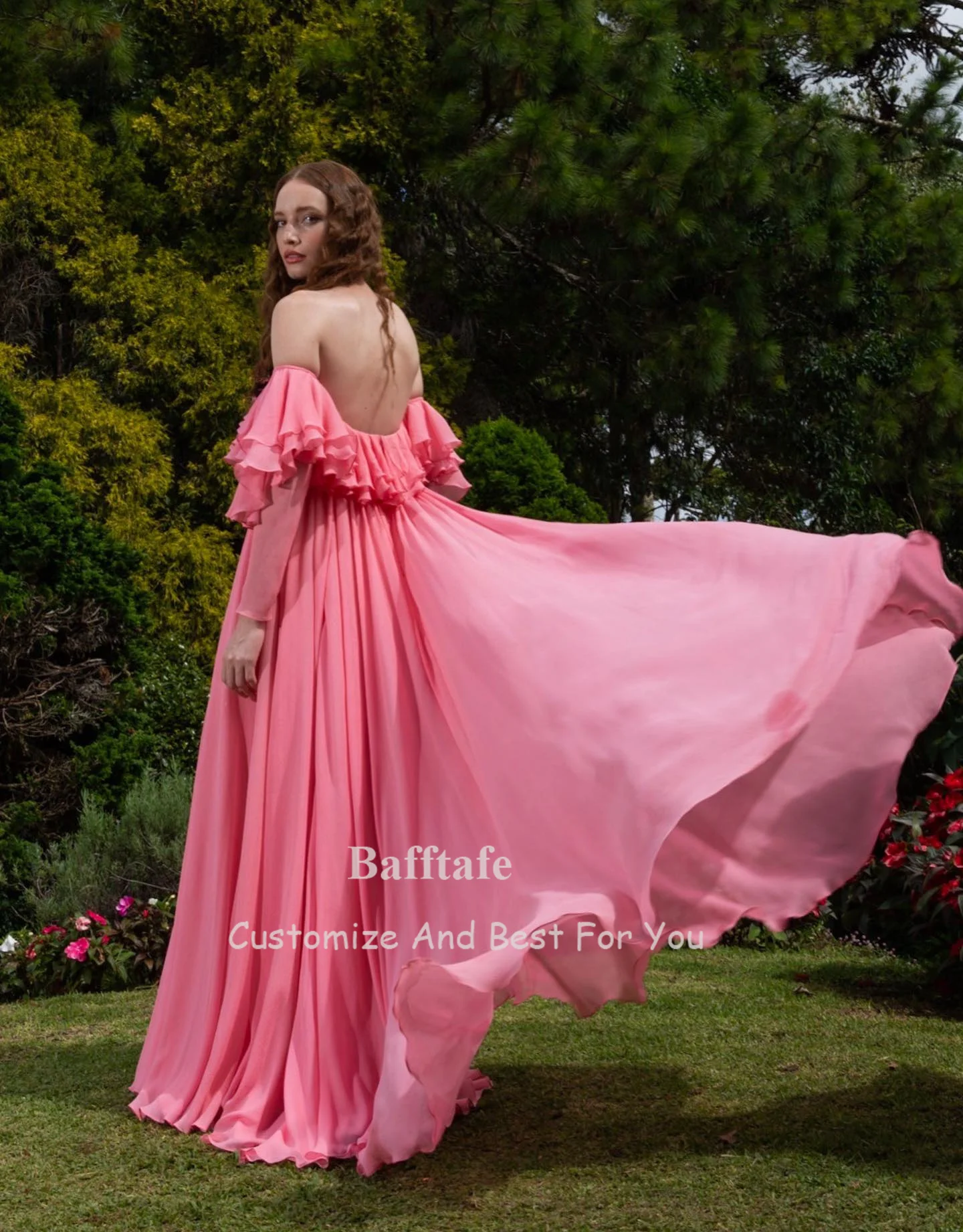 Bafftafe Beach Chiffon Long Sleeves Prom Dresses Customized Off Shoulder Women Formal Party Evening Gowns Celebrity Dress Outfit