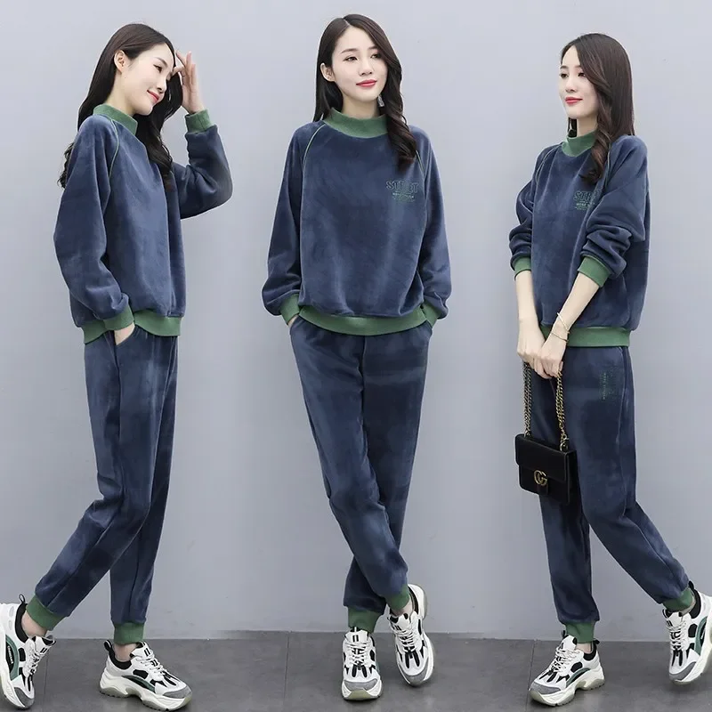 2022 New Spring Autumn Women Sportswear Tracksuit Velvet Loose Sweater+pant Running Jogger Fitness Outfit Casual Set Sport Suit