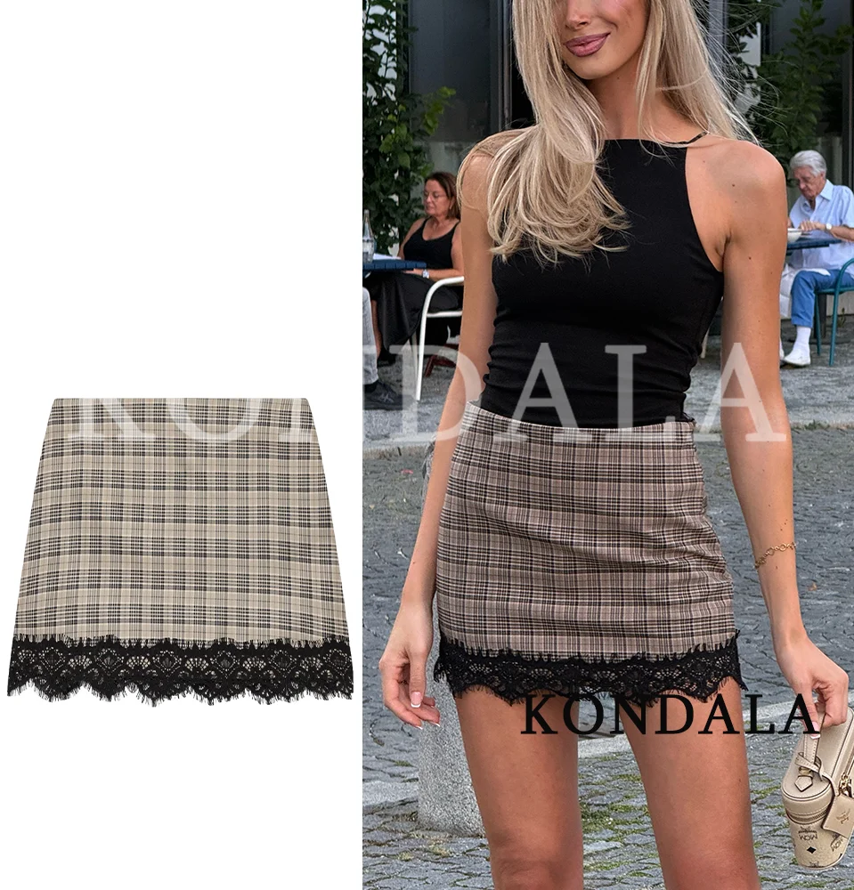 KONDALA Women Elegant Plaid Mini Culottes Vintage High Street Shorts Skirts 2026 Early Fall Trendy Commute Casual Lace-Hem Skirt
