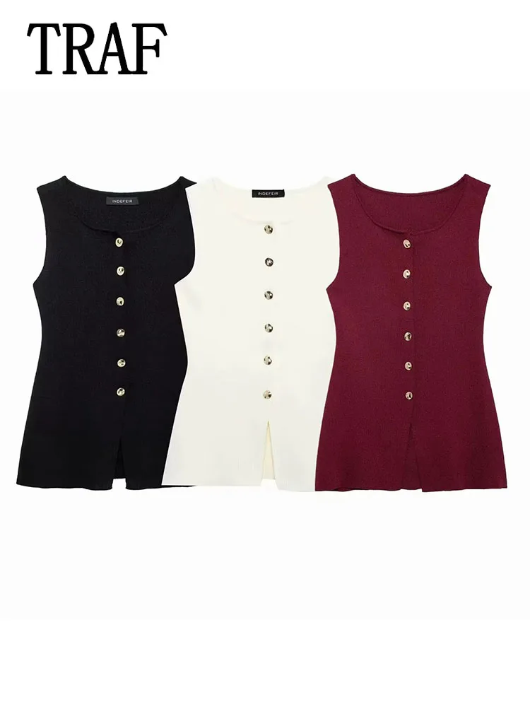 TRAF Women Single Breasted Sweater Tops New Summer Elegant Vest Solid O-Neck Sleeveless Golden Buttons Female Knitted Tops