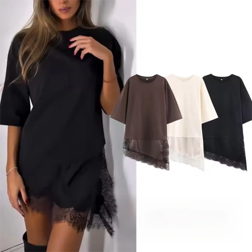 

Fashion Elegant Lace Patchwork T-shirt Short Sleeve Solid Color Loose Tops Casual O-Neck Female Top Summer