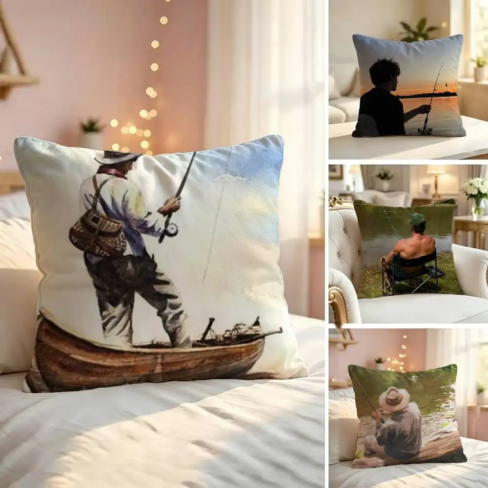 Line Fishing Man Soft Pillow Shell For Sofa Living Space Bedroom Headboard Backrest Square Cushion Cozy