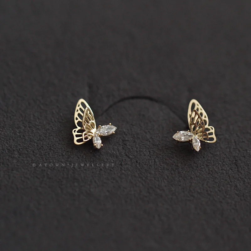 Original 925 Sterling Silver 14K Gold Hollowed Butterfly Zircon Stud Earrings 925 Money Piercing Jewelry For Woman Wholesale