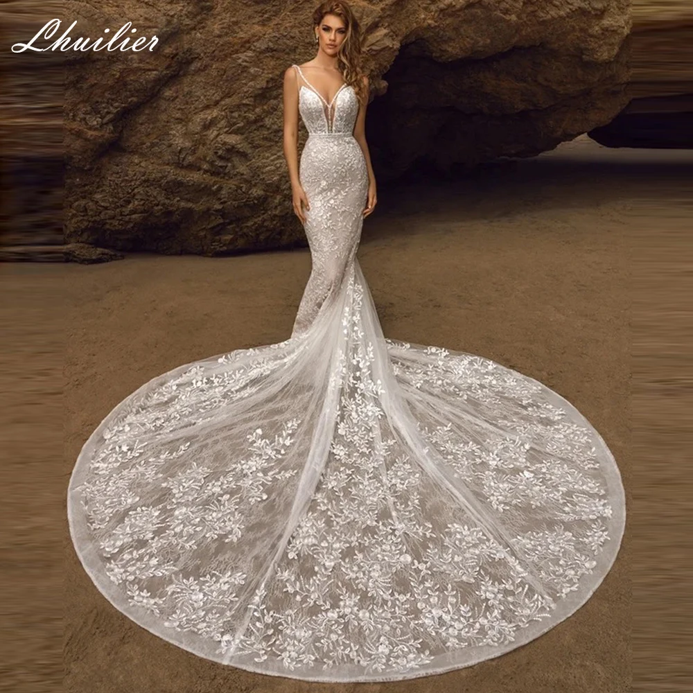 

Lhuillier Customized V Neck Beaded Lace Mermaid Wedding Dresses Sleeveless Backless Bridal Dress with Cathedral Train