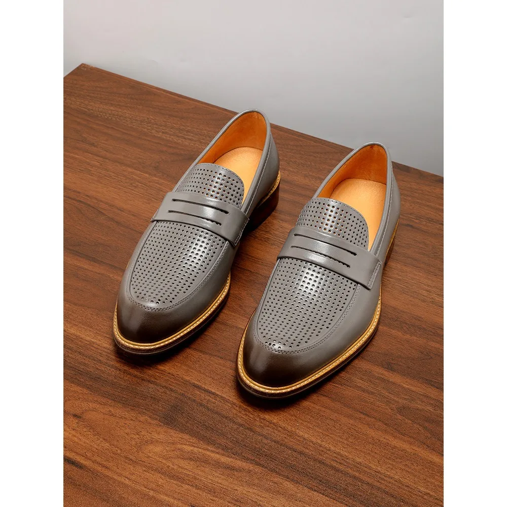 Summer Genuine Leather Men's Sandals Hollow Out Mesh Breathable Slip on Soft Sole Business Casual Hole Shoes