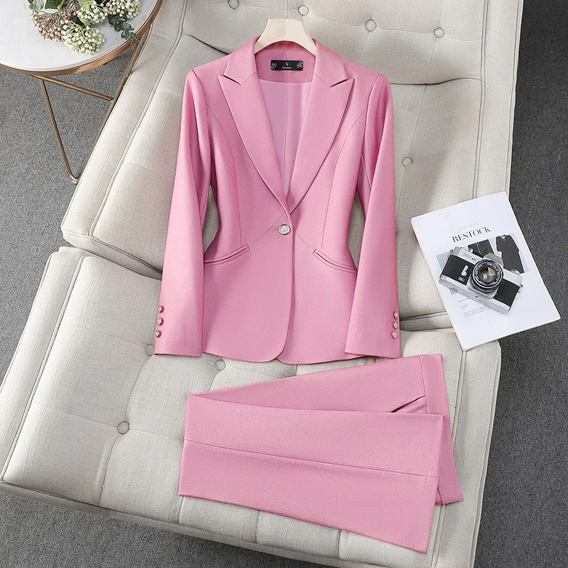 مكتب السيدات بدلة بناطيل رسمية 2 قطعة مجموعة النساء الوردي الأسود الأحمر الإناث طويلة الأكمام الأعمال ملابس العمل سترة وبنطلون