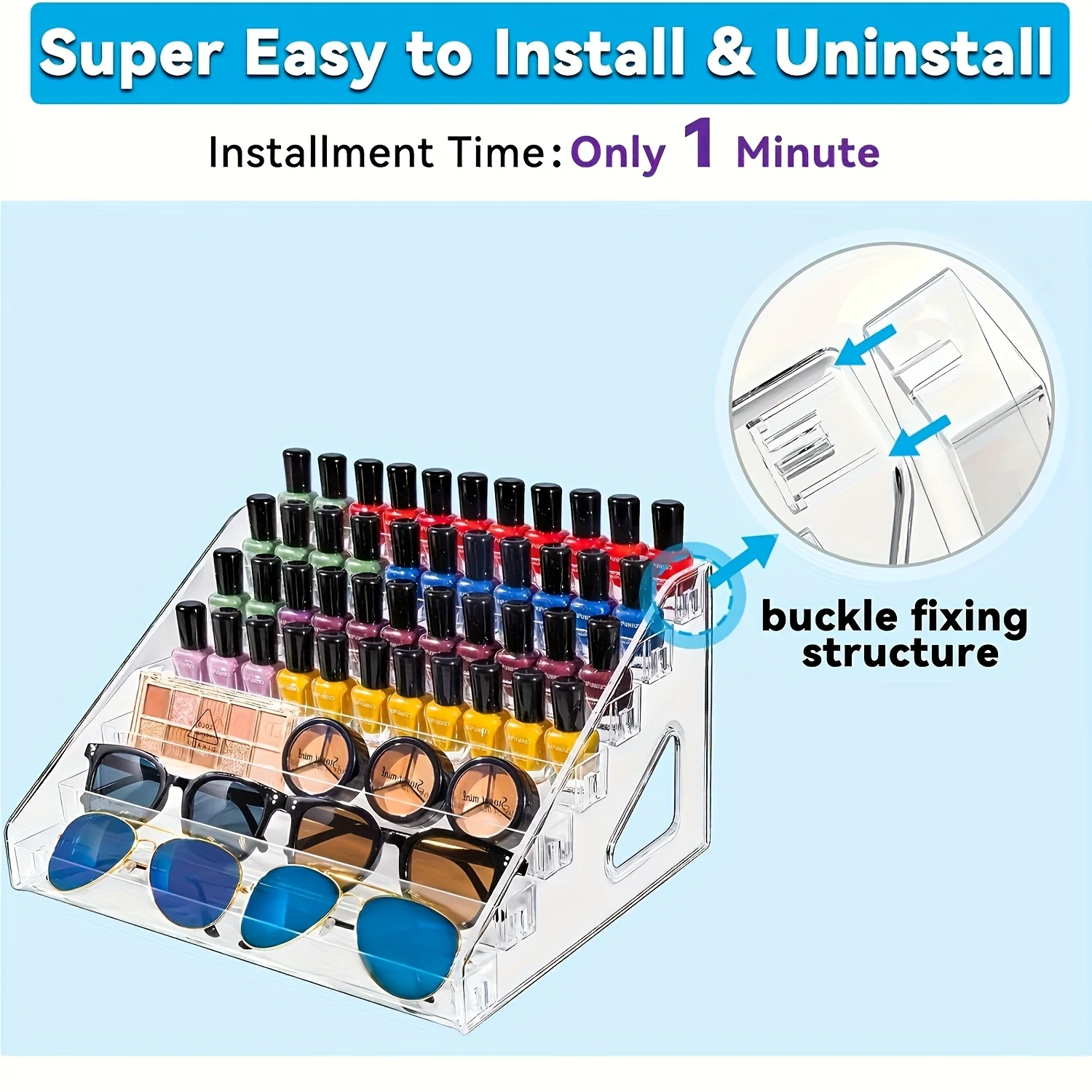 Multifunctional Acrylic Organizer, Suitable for Nail Polish, Cosmetics, Fashion Glasses, and Essential Oils - Easy Installation