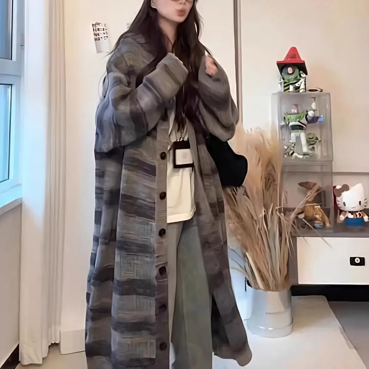 

Vintage Striped Knitted Cardigan Women's Mid-length 2025 Spring and Autumn New Lazy Style High-end Hooded Sweater Jacket