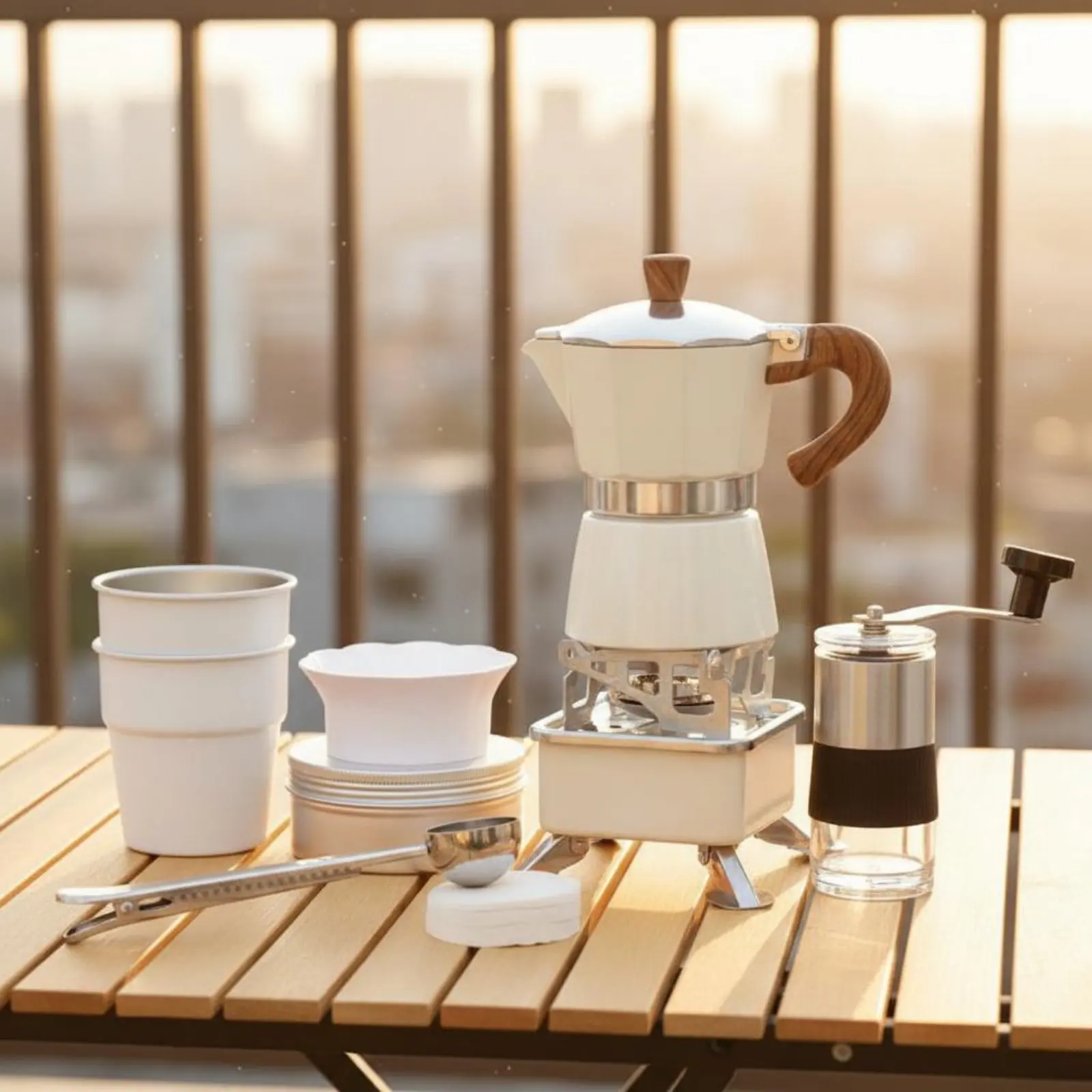 

Camping Espresso Brewer Set Wood Grain Handle Outdoor Stovetop Espresso Pot Set Portable Coffee Brewing Kit for Campers