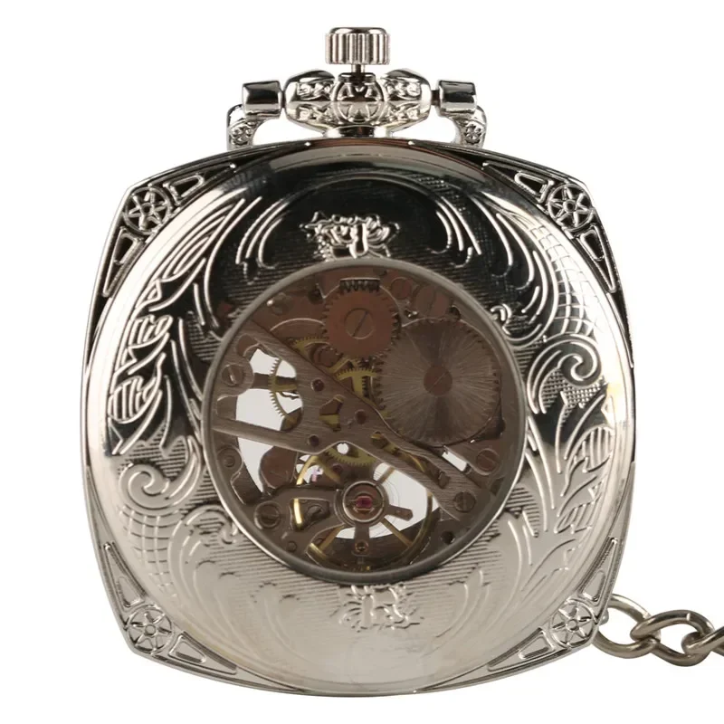 Silver Retro Men Women Handwind Mechanical Pocket Watch Skeleton Clock Pendant Chain FOB Watches Roman Numeral Open Face Reloj