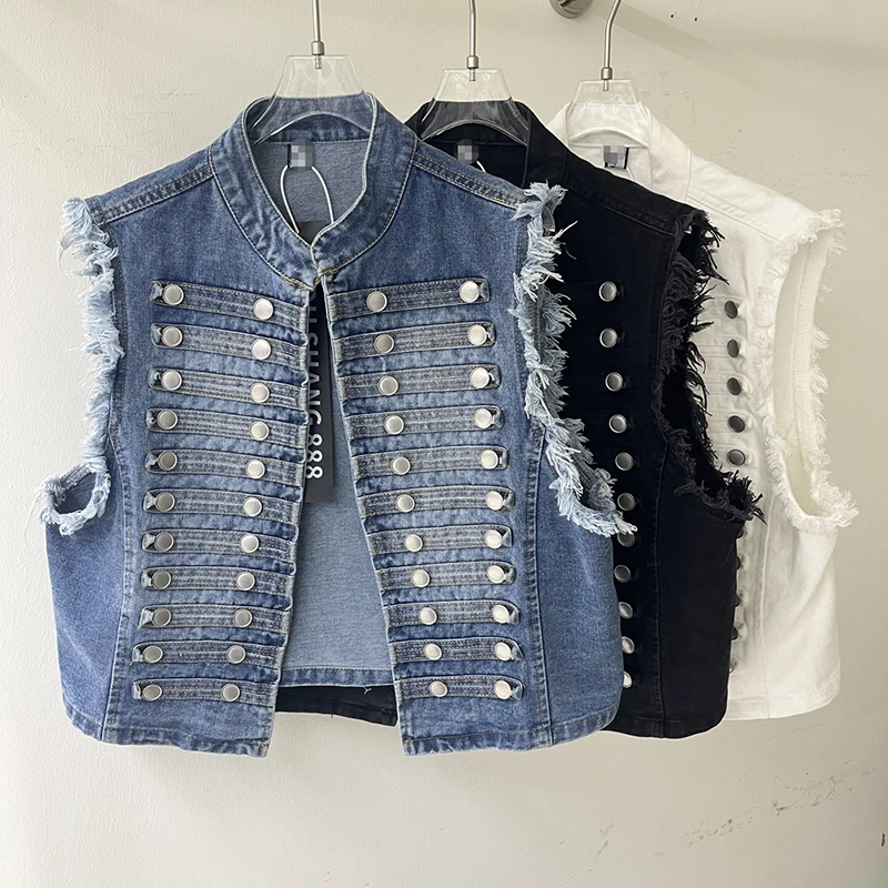 Hairy Edge Denim Vest for Women Vintage Multi Breasted Stand Collar Waistcoat 2026 New Loose Sleeveless Short Jacket