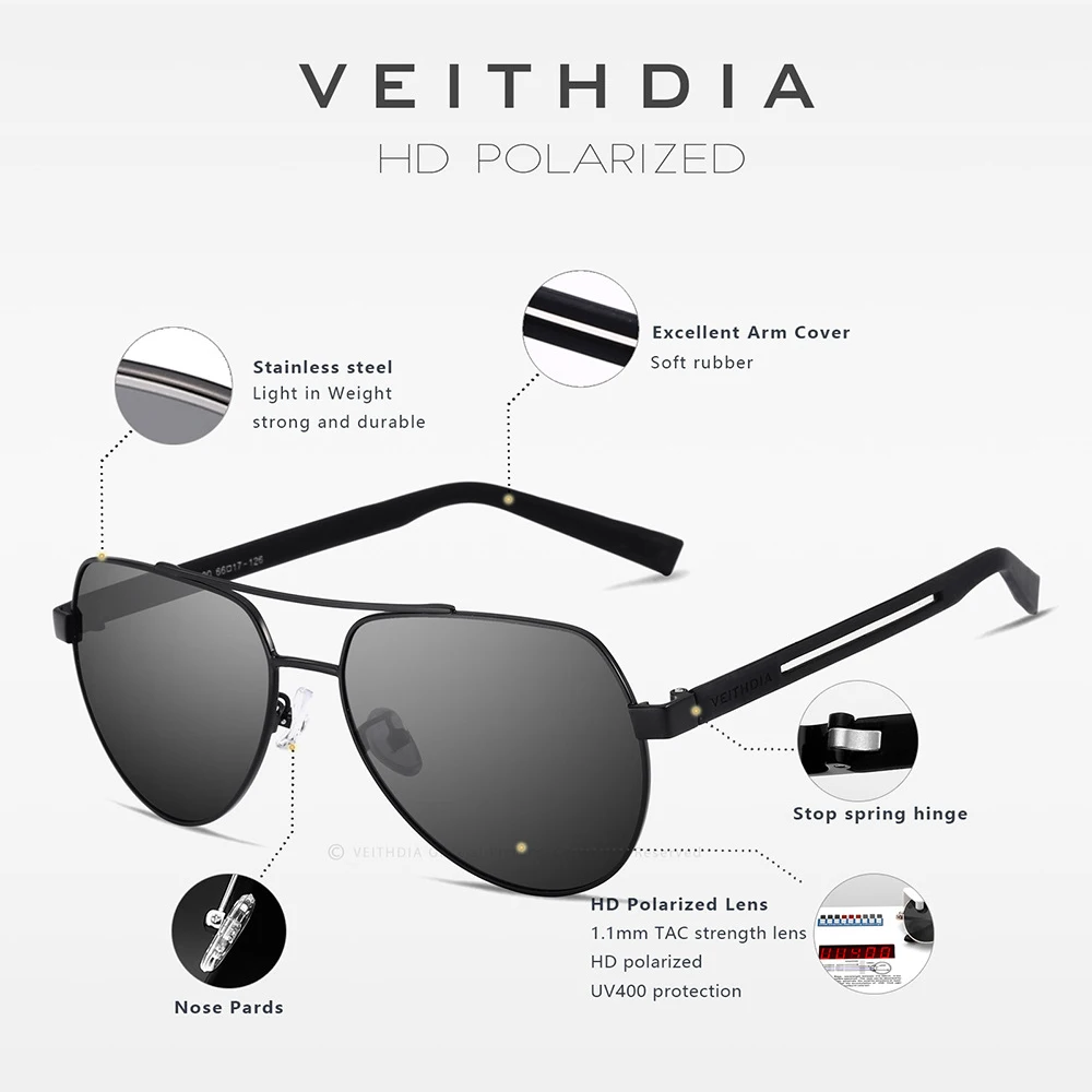 VEITHDIA العلامة التجارية الجديدة أزياء الرجال النظارات الشمسية UV400 المضادة للانعكاس الاستقطاب مرآة نظارات إطار معدني نظارات للإناث FA2800