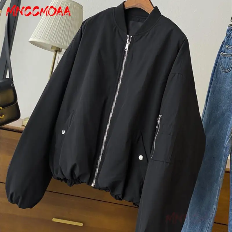 MNCCMOAA-Women\'s Bomber Jacket, Female Coat, Solid Casual Pocket Zipper Outerwear, High Quality, Autumn and Winter Fashion, 2024