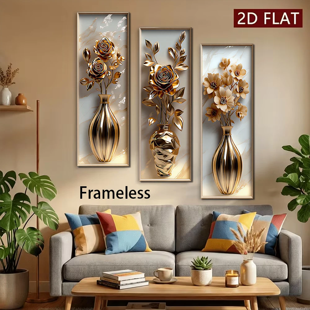 1 set of modern light luxury style triple wall stickers, living room entrance gold vase, rose flower self-adhesive wall decorati