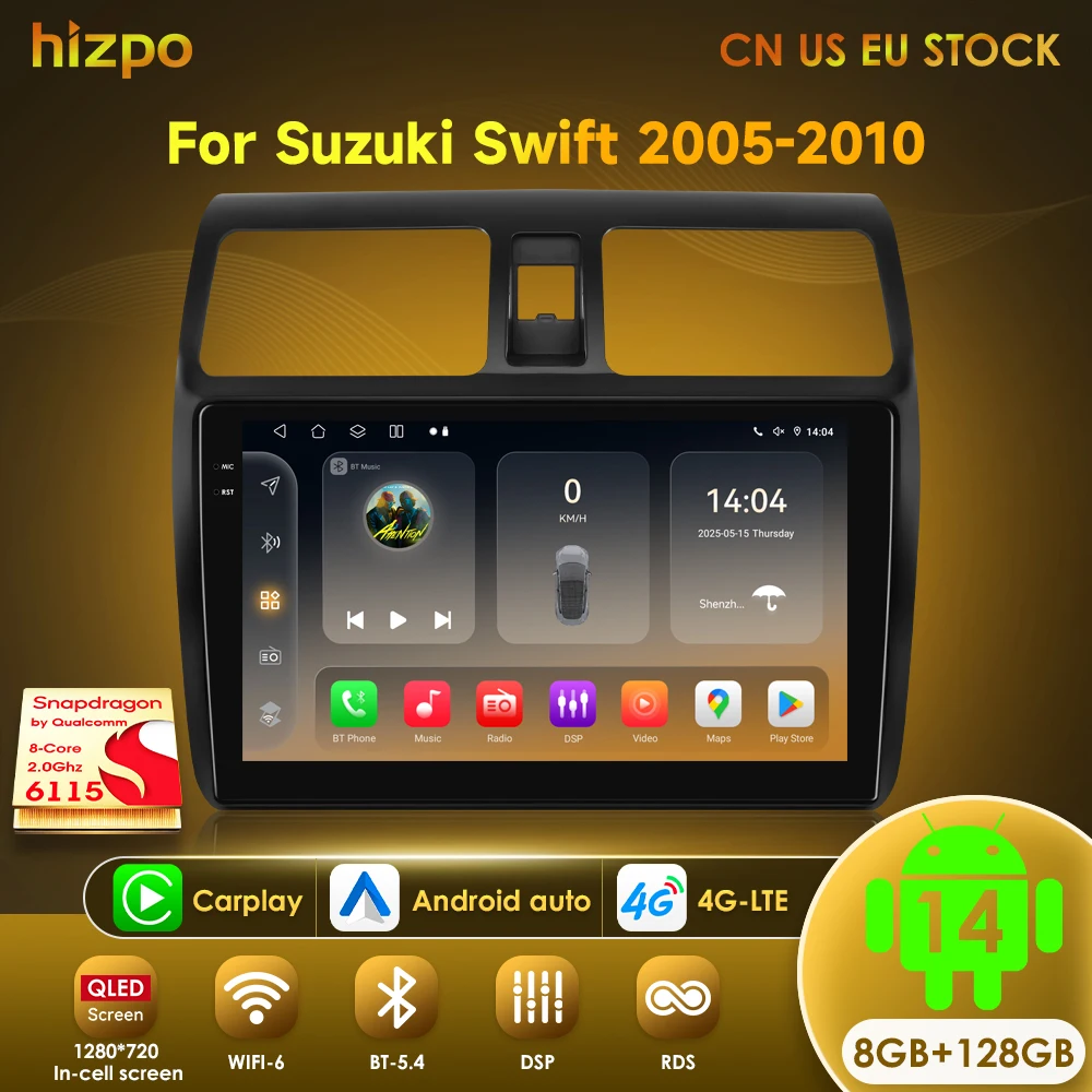 Hizpo AI Carplay Car Radio Multimidia Video Player GPS Navi For Suzuki Swift 2005 2006 - 2010 Android 14 by Qualcomm Snapdragon