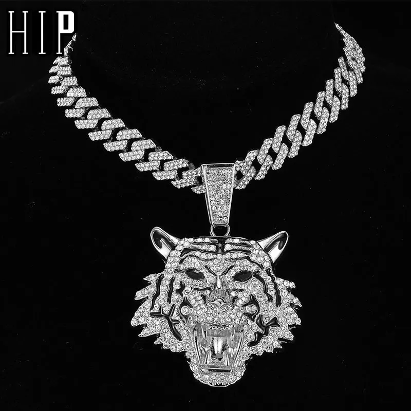 HIP HOP 3D Tiger Iced Out Letters Pendants With 13mm Cuban Link Chain AAA+ Rhinestone Pendants Necklaces For Men's Women Jewelry