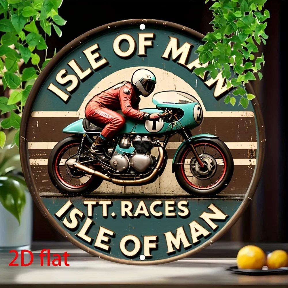 2D Flat-1pc Retro Manx TT Race Metal Sign - ديكور حائط دائري من الألومنيوم، تصميم كلاسيكي للدراجات النارية، طراز عتيق