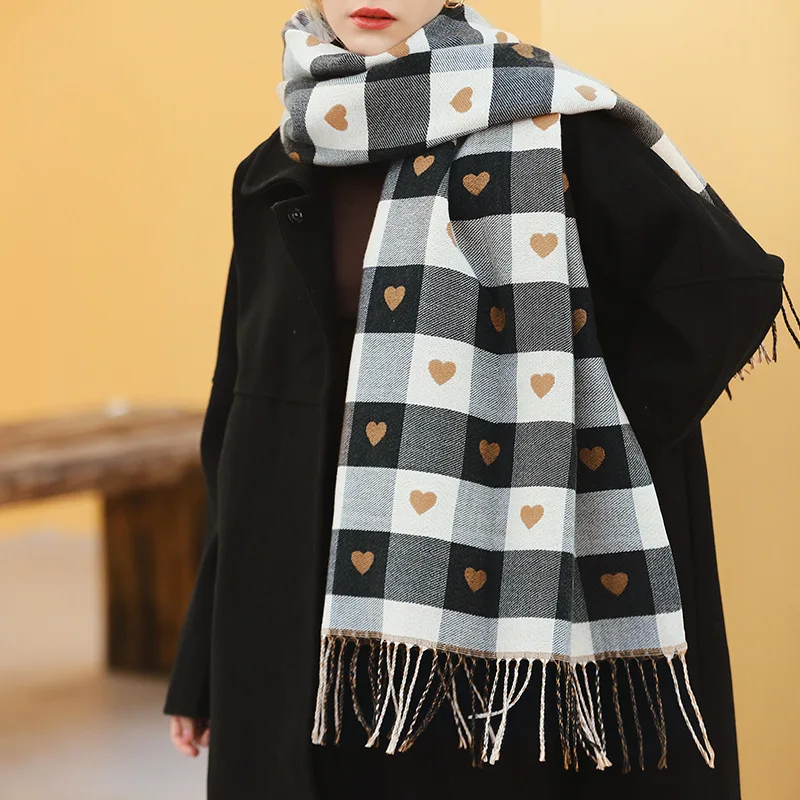 Women Autumn Winter Scarf Lady Cashmere Feel Muffler Spring Fall Large Blanket Classic Plaid Shawl Soft Warm Double-sided Wrap