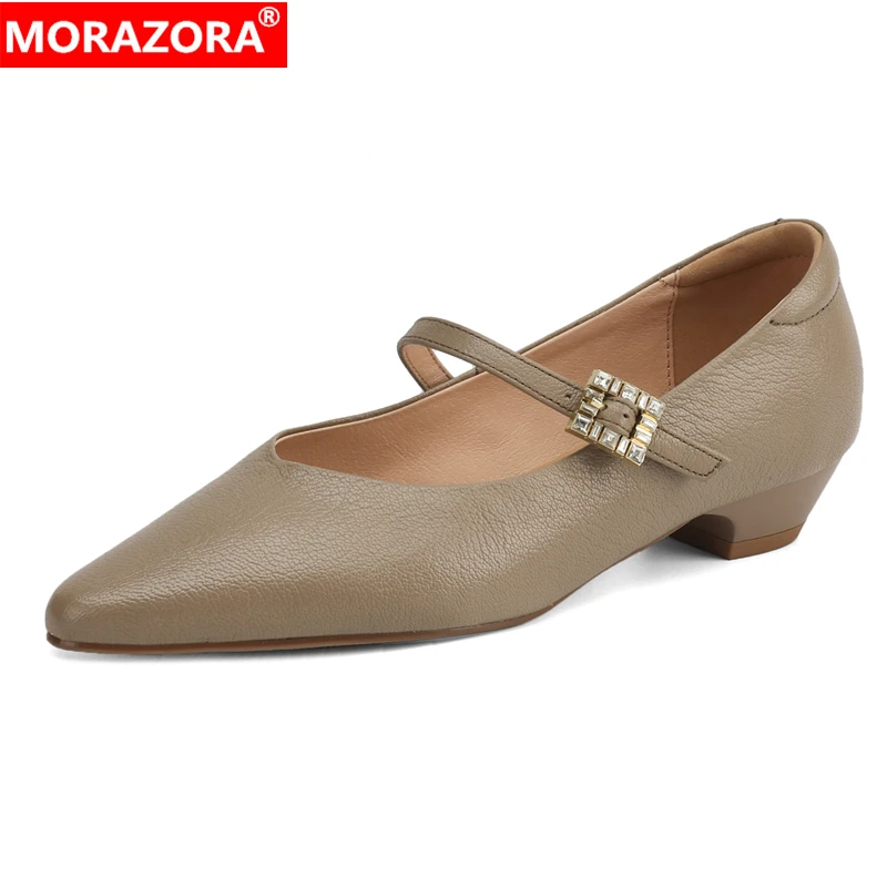 MORAZORA Size 34-43 New Genuine Leather Shoes Mary Janes Pointed Toe Mid Heels Spring Summer Ladies Footwear Office Dress Shoes