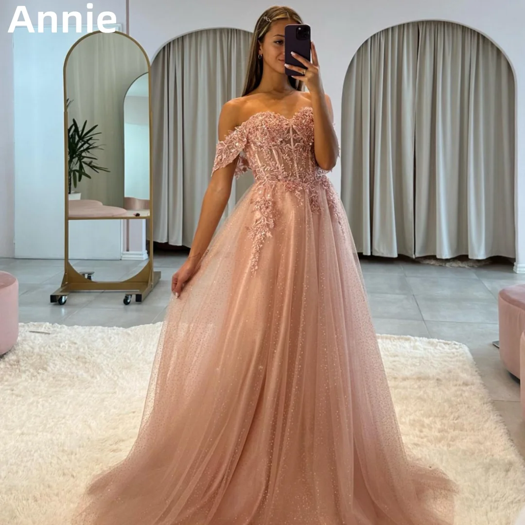 Annie Light Pink Prom Dresses Glitter Embroidery Princess 2024 Evening Dress Sweet Bride Wedding Formal Occasions Party Dress