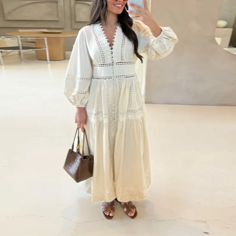 EAEOVNI 2026 Wiosenna Nowa Sukienka Damska z Wycięciami, Dekolt w Serek, Rękawy typu Latarnia, Krój A, Sukienki w Jednolitym Kolorze, Modna Odzież