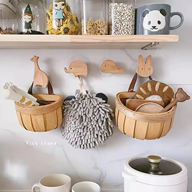 1pc Funny Animal Shaped Hooks Punch Free Storage Hook Office Household Compartment Coats Hats Coat Cartoon Wooden Decorate