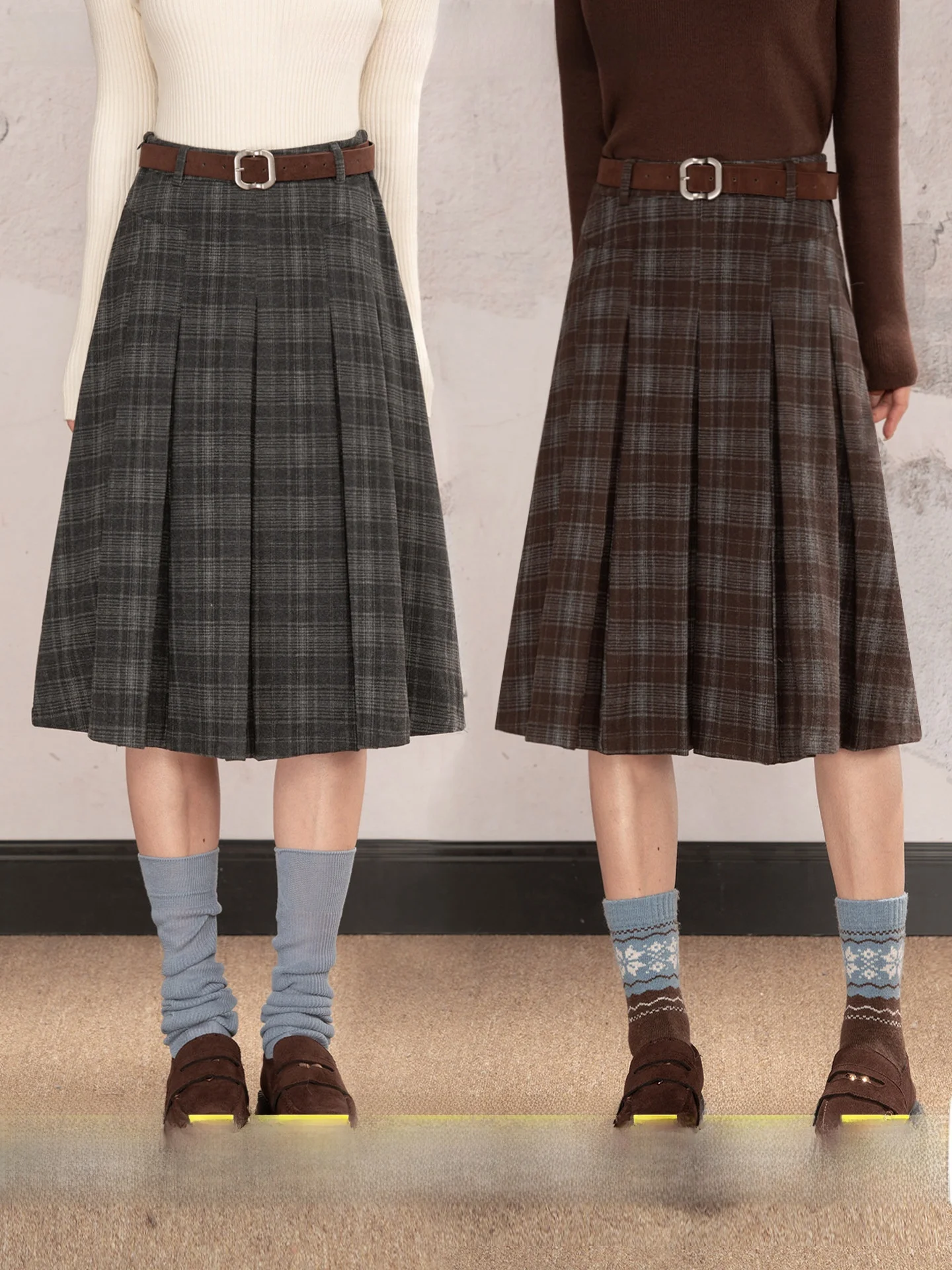 Loveheynew High Waist Plaid Suit Skirt Women's Winter College Style Slimming Pleated Midi Skirt Color Block City Commute