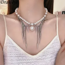 Draweye Rivets Tassels Necklaces for Women Punk Style Y2k Vintage Fashion Jewelry Hiphop Pearls Luxury Collares Para Mujer