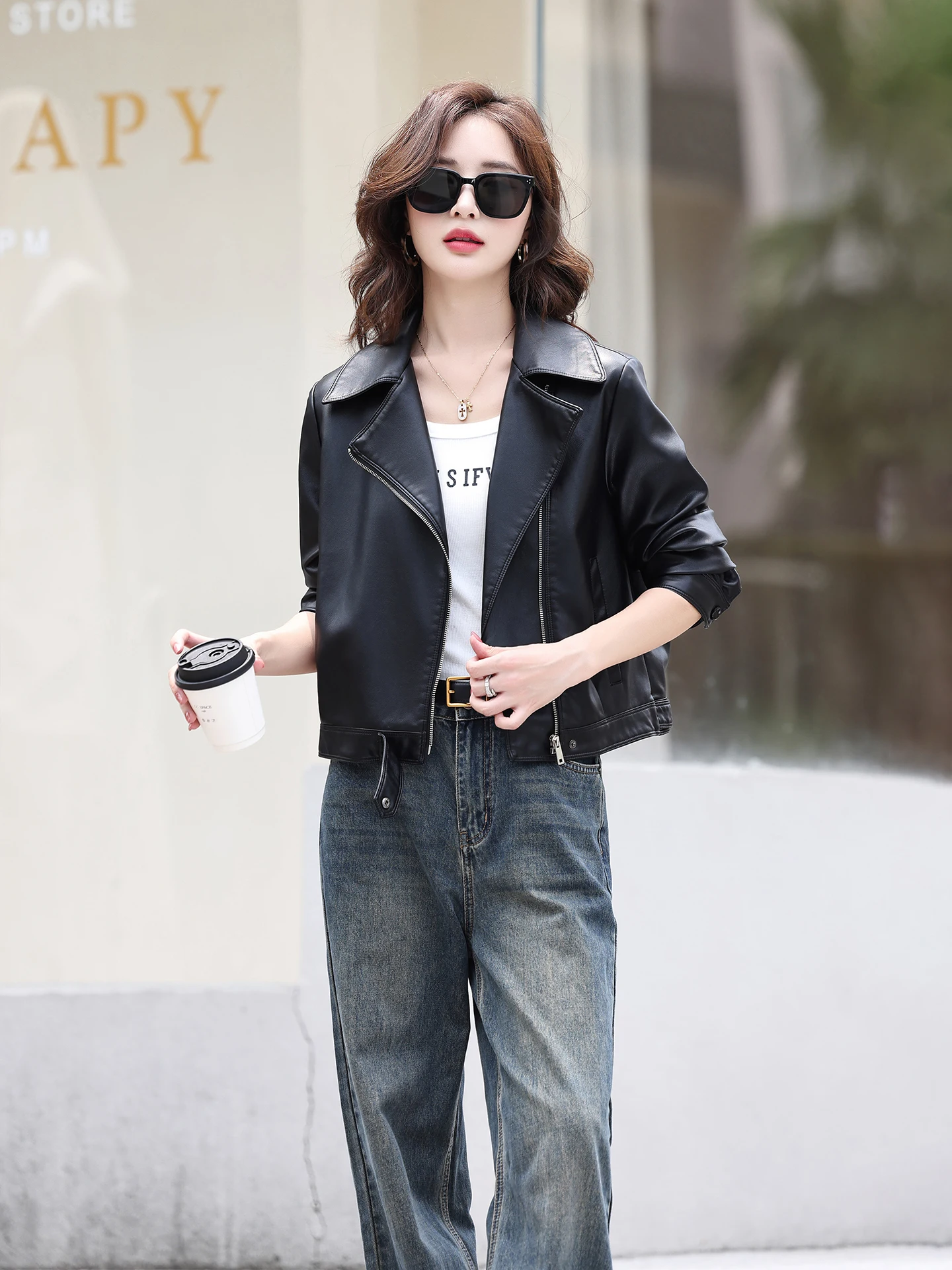 

Кожаная мотоциклетная куртка из натуральной овчины для женщин, приталенная, свободного кроя, весна-осень, маленький размер, для повседневной носки