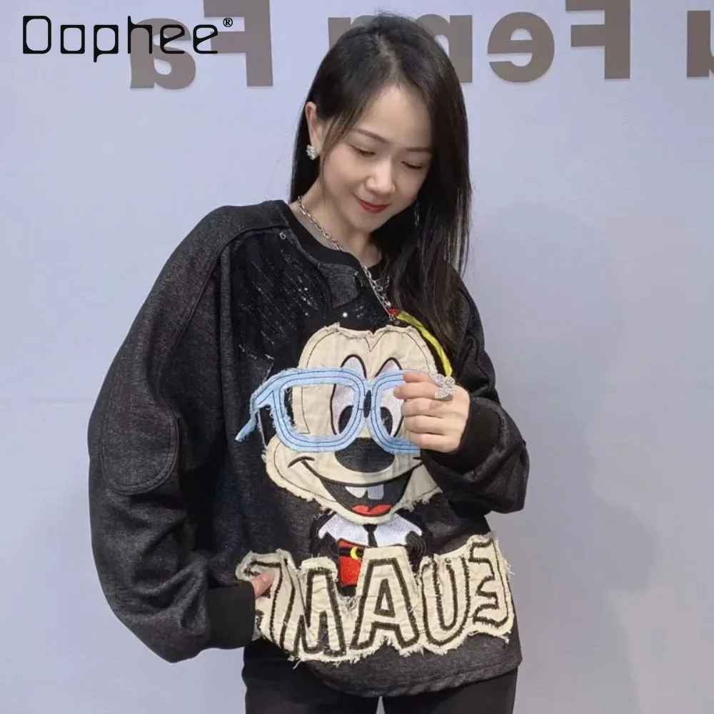 Balck Sweartshirt Women 2025 Autumn Fashion Patch Korean Style Loose Round Neck Pullover Sweatshirt for Women Long Sleevetop