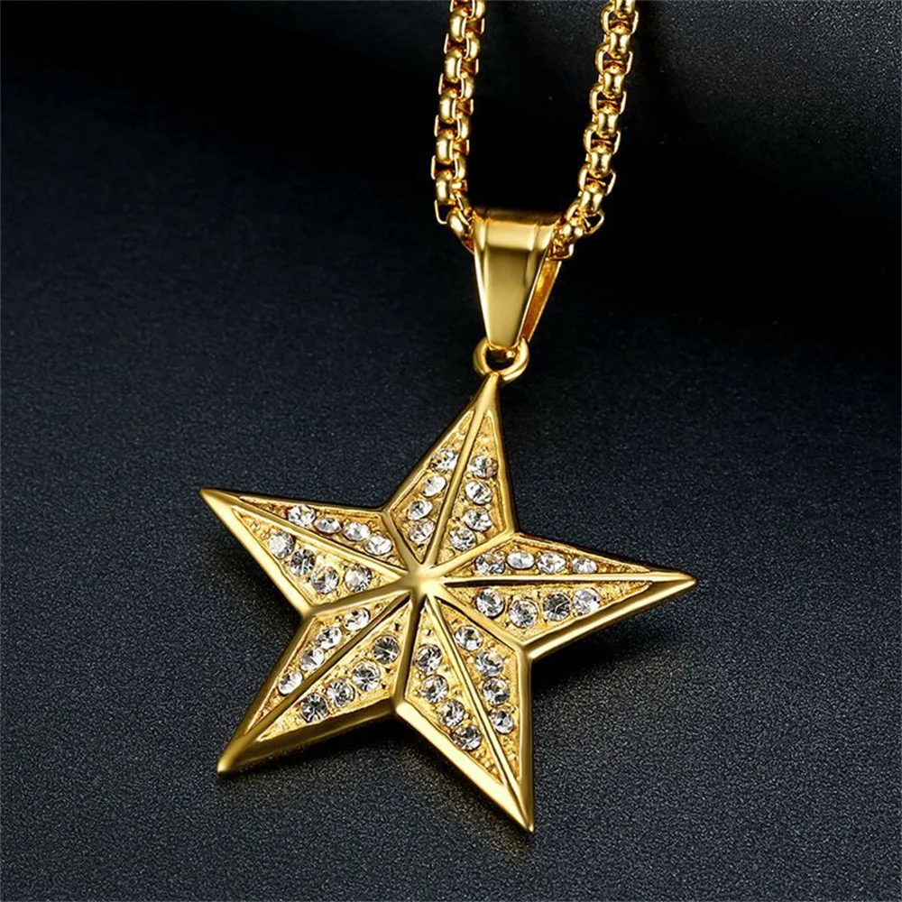 Hip Hop Iced Out Fünfzackigen Stern Anhänger Gold Farbe Edelstahl Straße Rapper Halskette für Frauen Männer Mode Schmuck geschenk