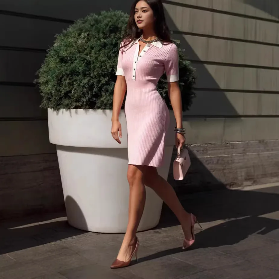 2026 New Fashion Knit Sweater Dress Women Spring Summer Ribbed Contrast Short Sleeve Lapel Gown Dress Ladies Long Dresses