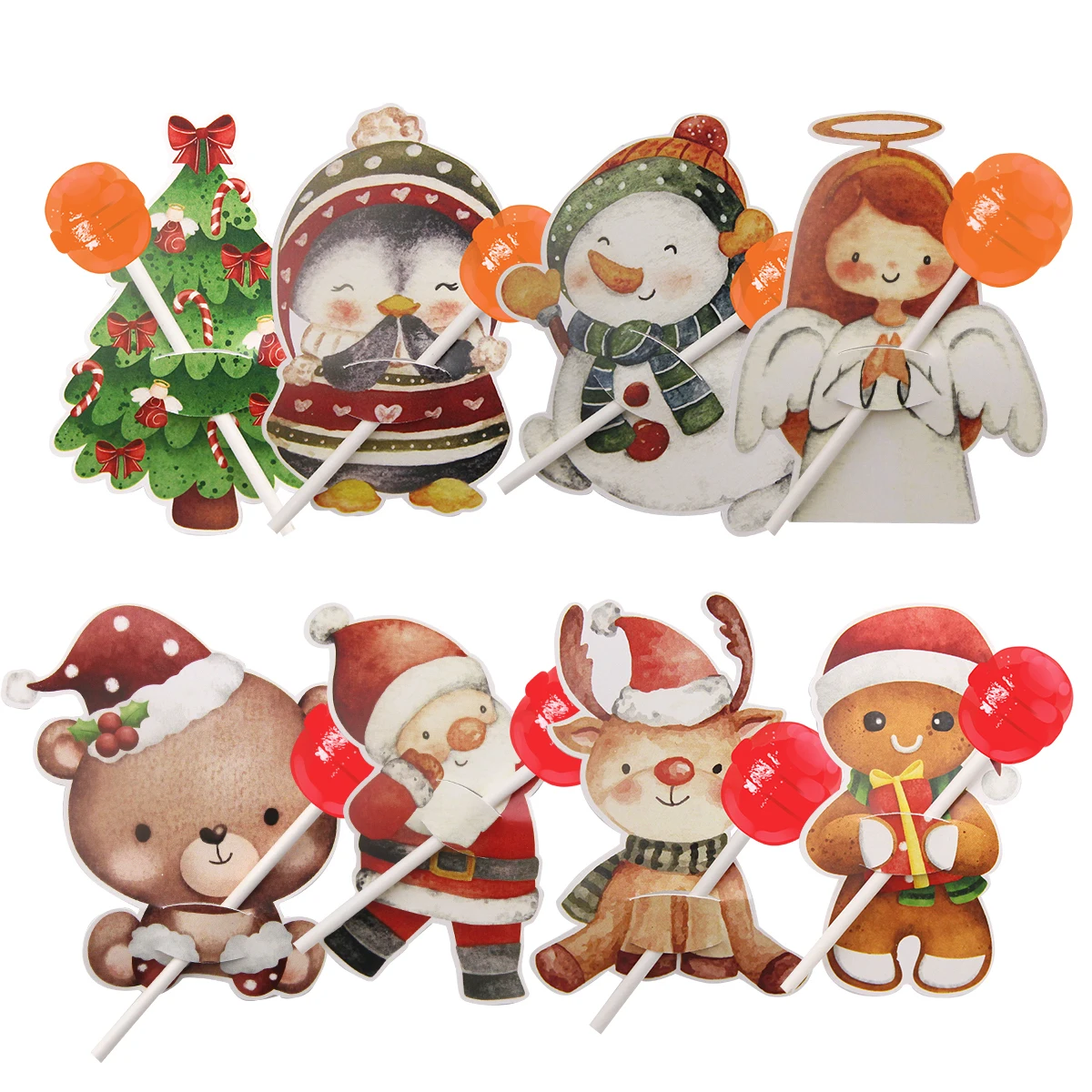 48pcs Carton Lollipop Cards Xmas Angel/Bear/Santa Claus/Gingerbread Man Candy Holders For Kids Navidad Party Sweets Packagings