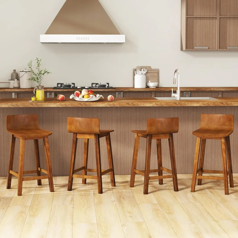 Counter Height Bar Chairs with Curved Seat, Solid Wood Pub Chairs with Low Back and Footrest, Armless Kitchen Chairs