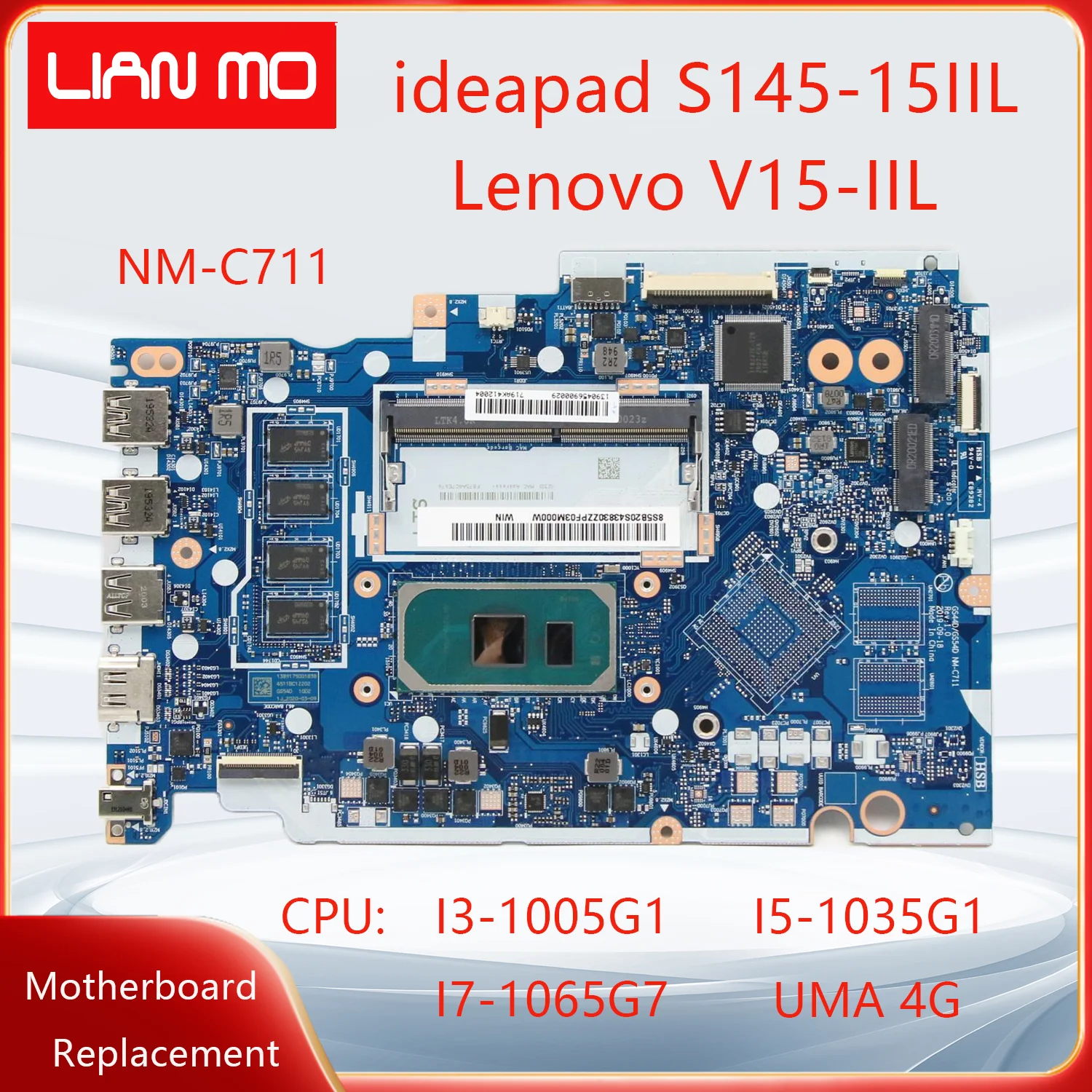 NM-C711 For Lenovo ideapad S145-15IIL Lenovo V15-IIL Laptop Motherboard Board I5-1035G1 I5-1035G1 I7-1065G7 4G 5B20S43830 UMA