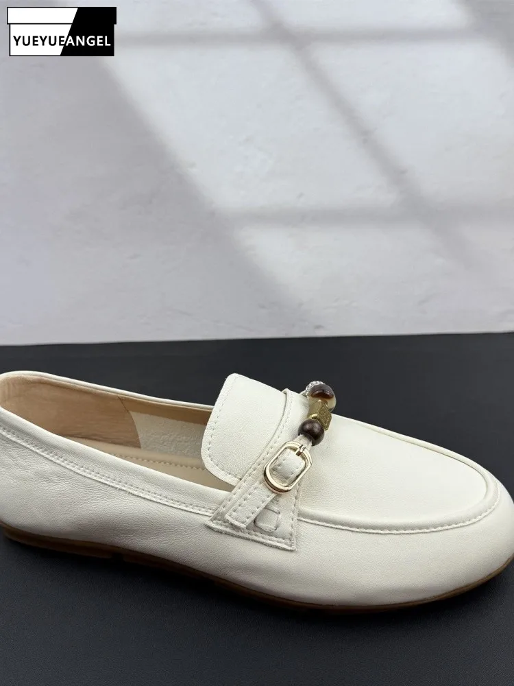 Retro Fashion Beading Female Solid Color Cowhide Pumps Top Quality Genuine Leather Round Toe Chunky Heel Slip-On Loafers