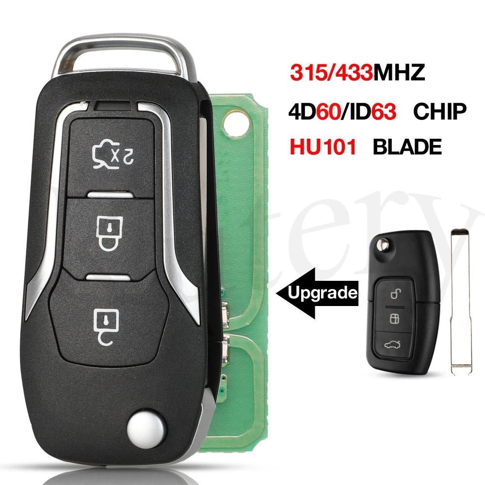 

jingyuqin 3BTN 315/433MHZ 4D60/ID60-80bit Chip Modified Flip Remote Control Car Key For Ford Focus 2 3 Mondeo Fiesta HU101 Blade